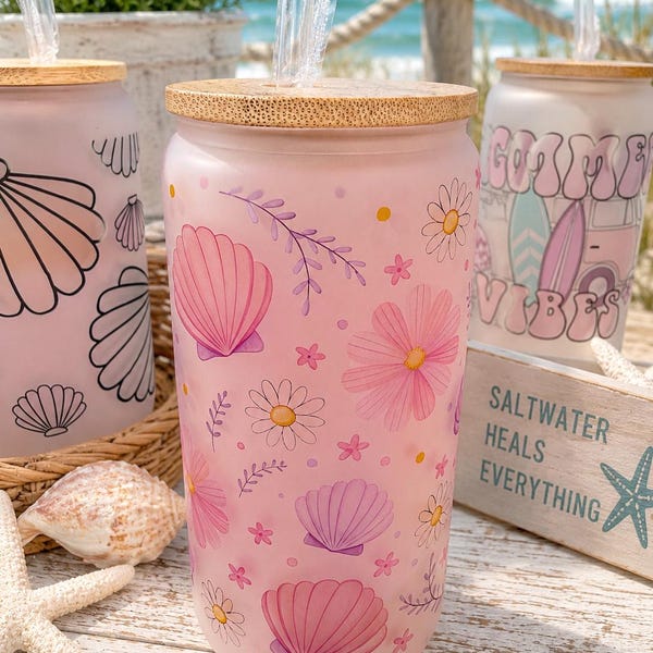 Seashell Floral Frosted Glass Cup | Beach Iced Coffee Tumbler (16 oz)