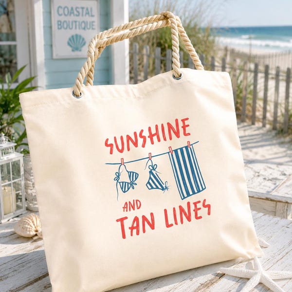 Sunshine and Tan Lines Canvas Tote Bag | Beach Tote with Rope Handles | Coastal Beach Bag | Summer Vacation Gift | Reusable Shopper