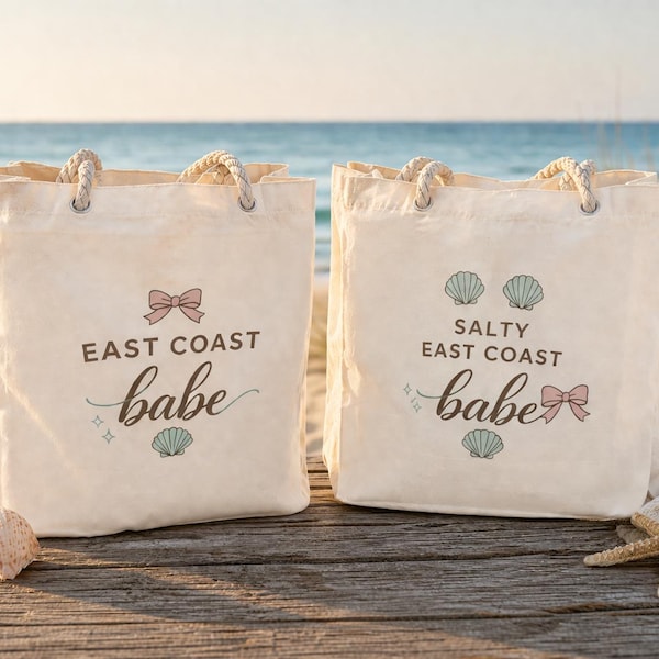 East Coast Babe Canvas Tote Bag, Coastal Beach Tote, Reusable Shopping Bag, Seashell Tote, Beach Lover Gift for Her