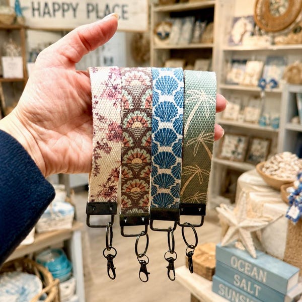 Printed Canvas Wristlet Keychain, Bronze Hardware Key Fob, Bag Charm Strap