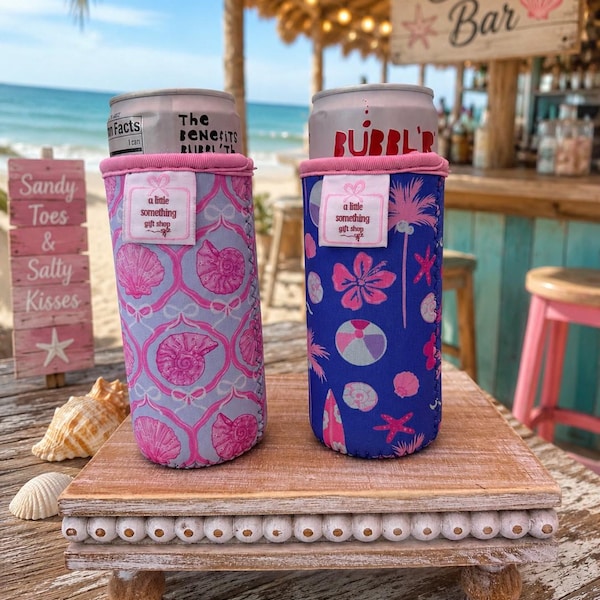 Slim Can Cooler, Coastal Beach Can Sleeve, Coastal Shell Neoprene Drink Holder, Hard Seltzer Can Cooler, Beach Gift