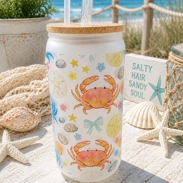 Frosted Glass Crab Tumbler | Watercolor Beach Shells, Sand Dollar Iced Coffee Cup