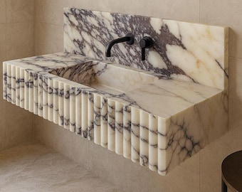 Calacatta Viola Marble Fluted Vanity Sink – Handmade Floating Bathroom Basin – Italian Stone Home Decor