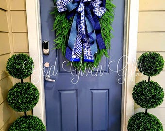 Blue White Chinoiserie Wreath Bow | D. Stevens Designer Ribbon | Detachable Front Door Decor