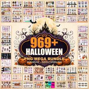 May include: A digital collection of 969+ Halloween PNG files featuring various spooky graphics, pumpkins, ghosts, and haunted house illustrations arranged in a grid layout with a central purple and black frame and large text.