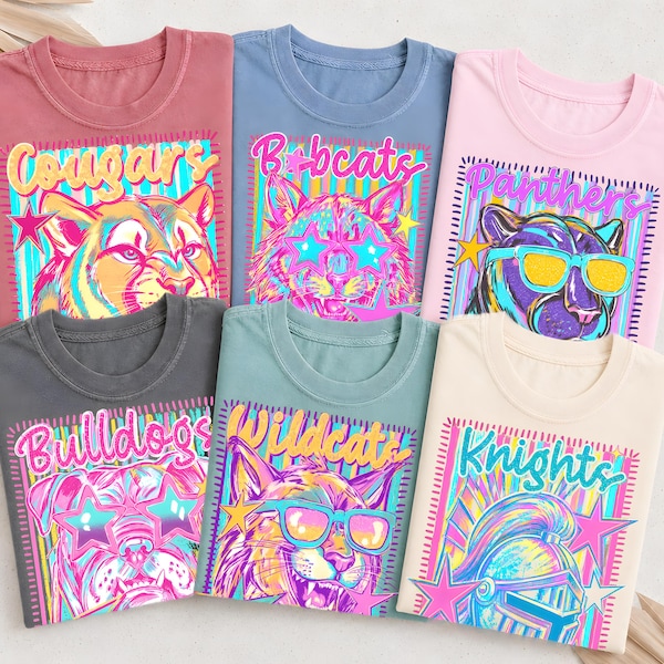 Maglietta personalizzata con mascotte al neon, t-shirt Comfort Colors, abbigliamento per il giorno della partita e per mostrare l'orgoglio scolastico.
