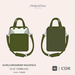 Può includere: Un modello piatto digitale di uno zaino a tracolla verde oliva scuro con due manici superiori, una tracolla e una tasca frontale. Il testo ModestFlats STUDIO, SLING/CROSSBODY BACKPACK, FLAT TEMPLATE, Vector Editable, Ai e CDR è visibile.