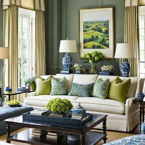 Può includere: Soggiorno elegante con un divano bianco adornato da cuscini verdi e blu. Due lampade blu e bianche affiancano il divano e un dipinto di paesaggio è appeso sopra. Un tavolino in legno scuro e un pouf fantasia completano l'arredamento.