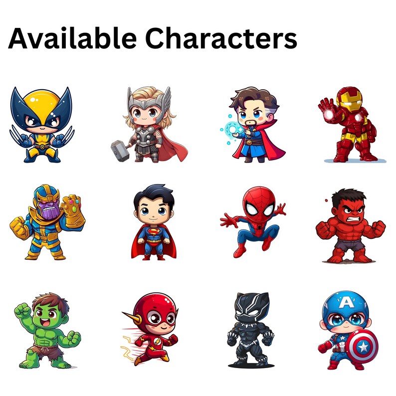 Op de afbeelding: Afbeelding met cartoon illustraties van verschillende superhelden personages, waaronder Wolverine, Thor, Doctor Strange, Iron Man, Thanos, Superman, Spider-Man, Hulk, Green Hulk, The Flash, Black Panther en Captain America. Tekst luidt "Beschikbare karakters."