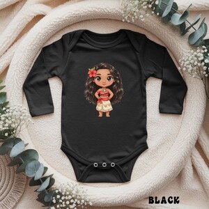 May include: Black long-sleeve baby bodysuit featuring a cartoon illustration of a girl with long brown hair, a red flower, and a red and white outfit. The word "BLACK" is printed in white at the bottom. The bodysuit has three snaps at the bottom.