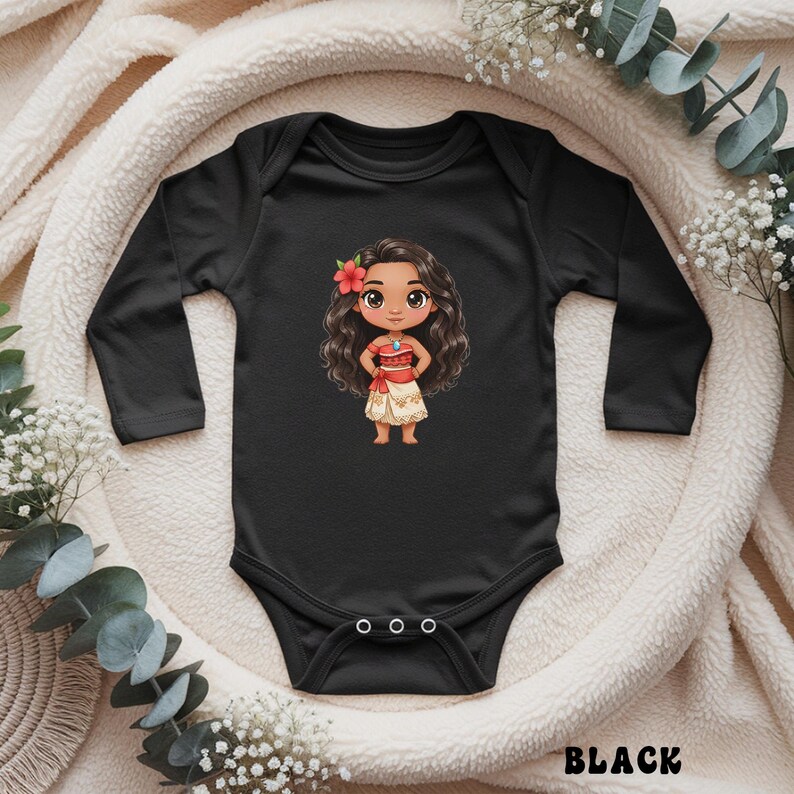 May include: Black long-sleeve baby bodysuit featuring a cartoon illustration of a girl with long brown hair, a red flower, and a red and white outfit. The word "BLACK" is printed in white at the bottom. The bodysuit has three snaps at the bottom.