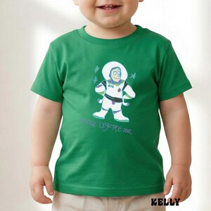 May include: A green t-shirt featuring a cartoon illustration of Buzz Lightyear from Toy Story. The design includes Buzz in his spacesuit, the text "Buzz Lightyear", and star accents. The shirt is a short-sleeved style.