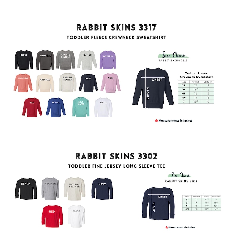 Op de afbeelding: Productafbeelding met Rabbit Skins peuter sweatshirts en shirts met lange mouwen. De afbeelding toont verschillende kleuren, waaronder zwart, grijs en marineblauw. Maattabellen zijn inbegrepen, met afmetingen in inches. De tekst "Rabbit Skins 3317" en "Rabbit Skins 3302" zijn zichtbaar.