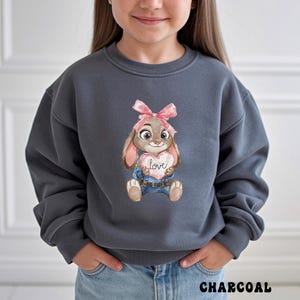 Peut inclure: Sweat-shirt gris anthracite avec une illustration &agrave; l'aquarelle d'un lapin tenant un c&oelig;ur avec le mot "love". Le lapin porte un n&oelig;ud rose et une salopette bleue. Le mot "CHARCOAL" est imprim&eacute; en bas de l'image.