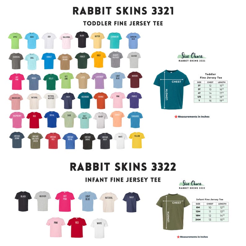 Op de afbeelding: Afbeelding van een selectie fijne jersey T-shirts voor peuters en baby's in verschillende kleuren. De afbeelding bevat een maattabel met afmetingen in inches. De tekst "Rabbit Skins" is zichtbaar. Kinderkleding.