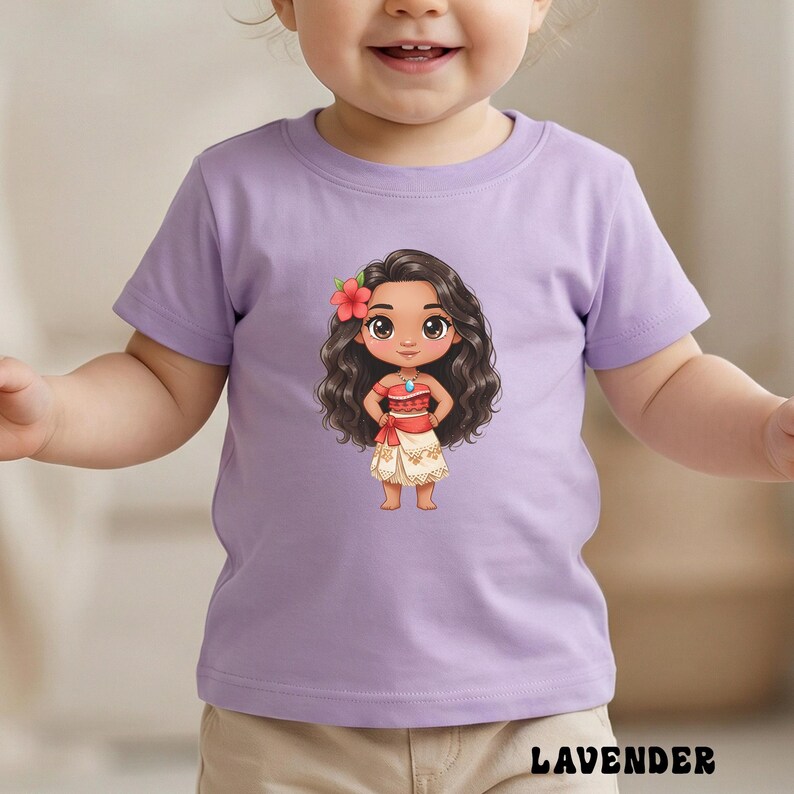 May include: A lavender short-sleeved t-shirt featuring a cartoon illustration of a girl with long, dark curly hair, a red flower, and a red and white outfit. The word "LAVENDER" is printed at the bottom of the shirt.