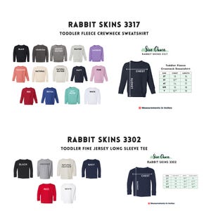 Puede incluir: Imagen de sudaderas y camisetas de manga larga para ni&ntilde;os peque&ntilde;os de Rabbit Skins. La imagen muestra varios colores, incluyendo negro, gris jaspeado y azul marino. Se incluyen tablas de tallas, con medidas en pulgadas. El texto "Rabbit Skins 3317" y "Rabbit Skins 3302" son visibles.