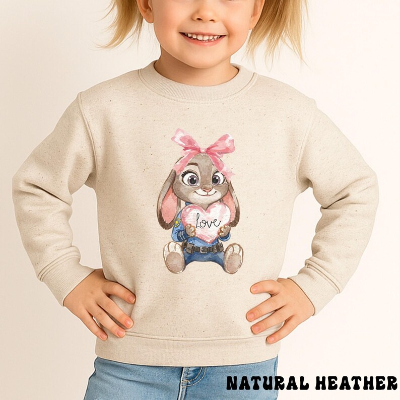 Peut inclure: Sweat-shirt en heather naturel avec un lapin de dessin anim&eacute; tenant un c&oelig;ur avec le mot "Love". Le lapin porte un n&oelig;ud rose et un uniforme de policier. Le texte "NATURAL HEATHER" est en bas de l'image.