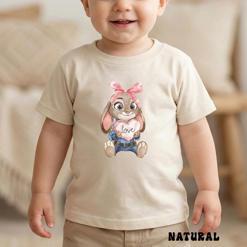 Peut inclure: T-shirt beige pour enfant avec un lapin de dessin anim&eacute; tenant un c&oelig;ur avec le mot "love". Le lapin porte un n&oelig;ud rose et une salopette bleue. Le mot "NATURAL" est imprim&eacute; en bas.