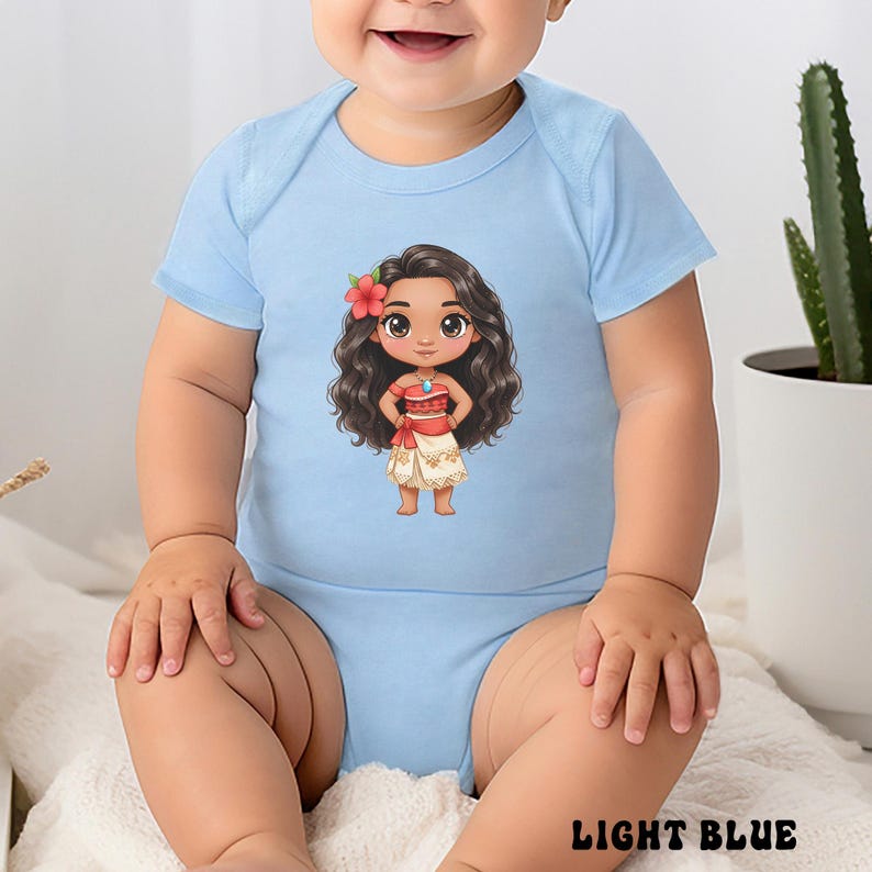 May include: Light blue baby bodysuit featuring a cartoon illustration of a Polynesian girl with long dark hair, a red flower, and a traditional outfit. The text "LIGHT BLUE" is printed at the bottom.