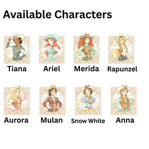 K&ouml;nnte beinhalten: Ein Bild mit dem Text "Available Characters" &uuml;ber acht Illustrationen von Disney-Prinzessinnen in Cowboyh&uuml;ten und -outfits. Die Prinzessinnen sind Tiana, Arielle, Merida, Rapunzel, Aurora, Mulan, Schneewittchen und Anna.