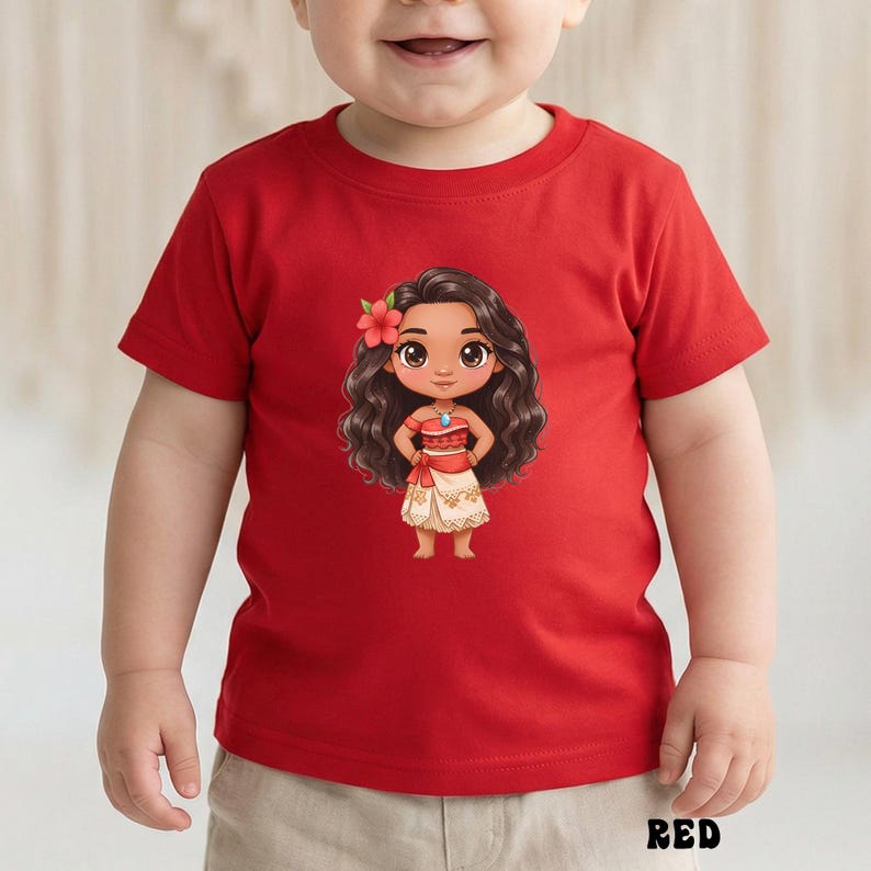 May include: A red short-sleeved t-shirt featuring a cartoon illustration of a Polynesian girl with long, wavy dark hair, a red flower, and a traditional outfit. The word "RED" is printed in black at the bottom of the shirt.