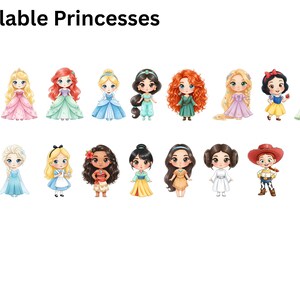 May include: A collection of illustrated princess characters, each in a unique dress and hairstyle. The princesses are depicted in a cute, chibi style, with large eyes and detailed outfits. The text "Available Princesses" is at the top.