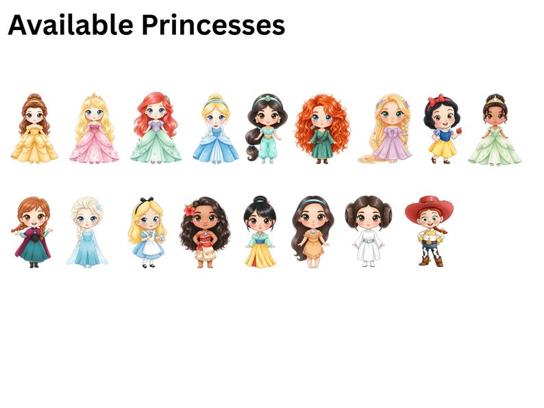 May include: A collection of illustrated princess characters, each in a unique dress and hairstyle. The princesses are depicted in a cute, chibi style, with large eyes and detailed outfits. The text "Available Princesses" is at the top.