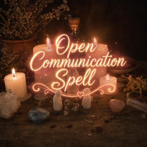 May include: A still life arrangement with lit candles, crystals, and dried flowers. The words "Open Communication Spell" are written in glowing script. The scene evokes a sense of spirituality or ritual, with an emphasis on communication.