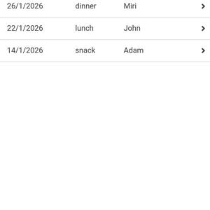 May include: A mobile app interface displaying a meal planning schedule. The screen shows a list of dates, meal types (lunch, dinner, snack), and child names. The app's title is "Meals."