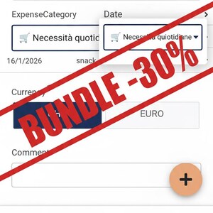 May include: Screenshot of a mobile app interface, displaying a budget form with fields for date, expense category, and currency. The app shows a date of 27/01/2026 and a discount banner that says "BUNDLE -30%".