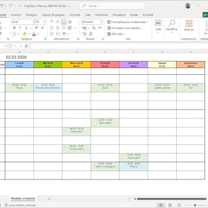 Può includere: Schermata di un foglio di calcolo Microsoft Excel che mostra un programma settimanale per la settimana del 2 marzo 2026. Il programma è diviso in fasce orarie e giorni della settimana, con varie attività elencate. Il foglio di calcolo ha un bordo verde.