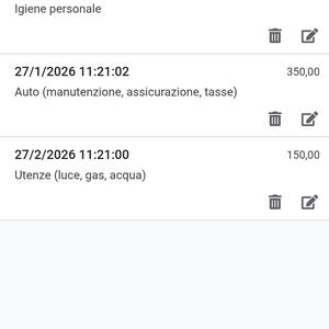 May include: Screenshot of a mobile app interface displaying a list of expenses. The app shows dates, times, and expense categories like "Bevande" and "Igiene personale", with corresponding monetary values. The app's title is "List".