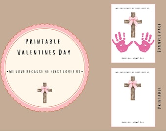 Manualidad imprimible de huellas de manos para San Valentín - Lazo rosa cristiano