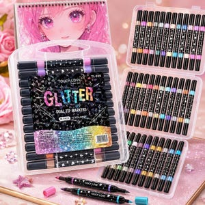 Glittermarkers set, metallic tekenpennen met dubbele punt in 12–48 kleuren
