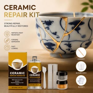 Kintsugi Repair Kit, Gold Silver Ceramic Glue for Pottery, Japanese Restoration Craft (Food Safe)