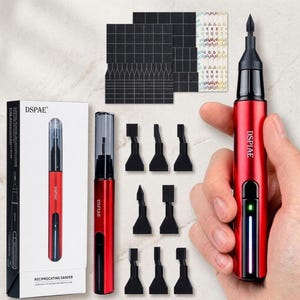 May include: A red Dspae reciprocating sander tool with a black tip, a vertical light indicator, and a black power button. The set includes a white product box, eight interchangeable black sanding heads, and three sheets of adhesive sanding pads.