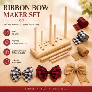 Puede incluir: Un set de madera para hacer lazos con una base rectangular con múltiples orificios y cuatro varillas verticales, tres varillas sueltas adicionales y tres rollos de cinta en cuadros rojos, cuadros blancos y negros, y arpillera, más tres lazos.