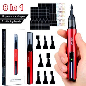 May include: A red reciprocating sander with black detailing, alongside 12 pre-cut sandpapers and 8 polishing heads. The product is labelled "8 in 1" and features the brand name "DSPIAE". The packaging is also visible, showcasing the sander.