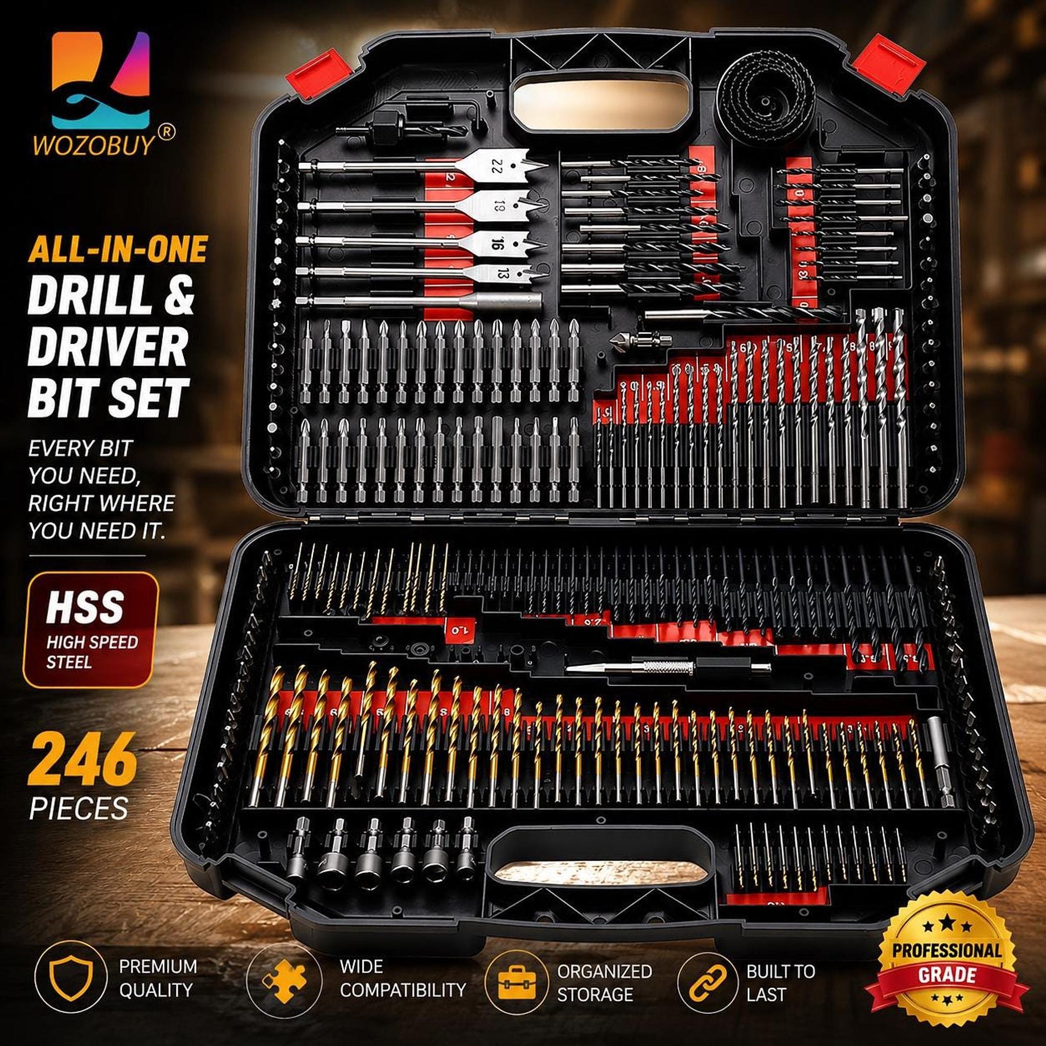 HSS Drill Bit Set, 246-Piece High-Speed Steel Kit with Carrying Case
