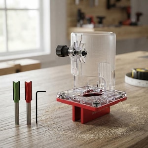 Può includere: Una base per fresatrice in plastica trasparente con manopola di regolazione nera e piastra di montaggio in metallo rosso. Sono incluse due frese dritte con rivestimento verde e rosso, insieme a una piccola chiave esagonale nera a L.