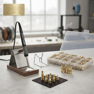 May include: A black soldering iron with a digital display rests on a metal and wood stand. A clear plastic organiser box contains numerous small brass threaded inserts. A black square mat holds several brass tips, with two larger inserts nearby.