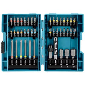 May include: An open, teal-colored Makita drill bit set. The set contains various silver drill bits with colored tips and a black adapter. The case is divided into sections to hold the bits securely. The Makita logo is visible.