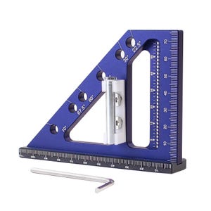 May include: A blue aluminum speed square with measurements in inches and degree angles. The tool has a black base and a white adjustable component. An Allen wrench is included.