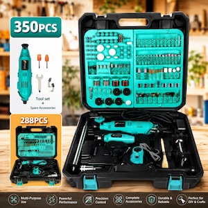 May include: A black plastic carrying case containing a teal rotary tool and a comprehensive set of 350 accessories, including various grinding bits, sanding discs, and polishing heads organised in moulded teal trays for organised storage.