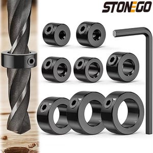 May include: A collection of black drill stop collars with a hex socket set screw, designed to control drill bit depth. The image also shows a drill bit and an Allen wrench. The brand name "STONEGO" is visible in the top right corner.