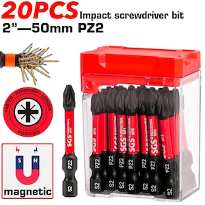 Puede incluir: Un juego de 20 puntas de destornillador de impacto, de 50 mm de largo, tipo PZ2, con detalles en rojo y negro. Las puntas están en una caja de plástico transparente con tapa roja. El texto "magnetic" es visible.
