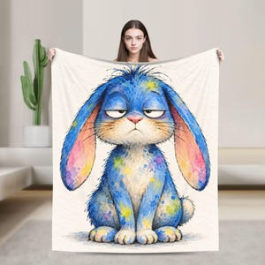 Grumpy Blue Bunny Flannel Throw Blanket: Watercolor Rabbit Lover Gift