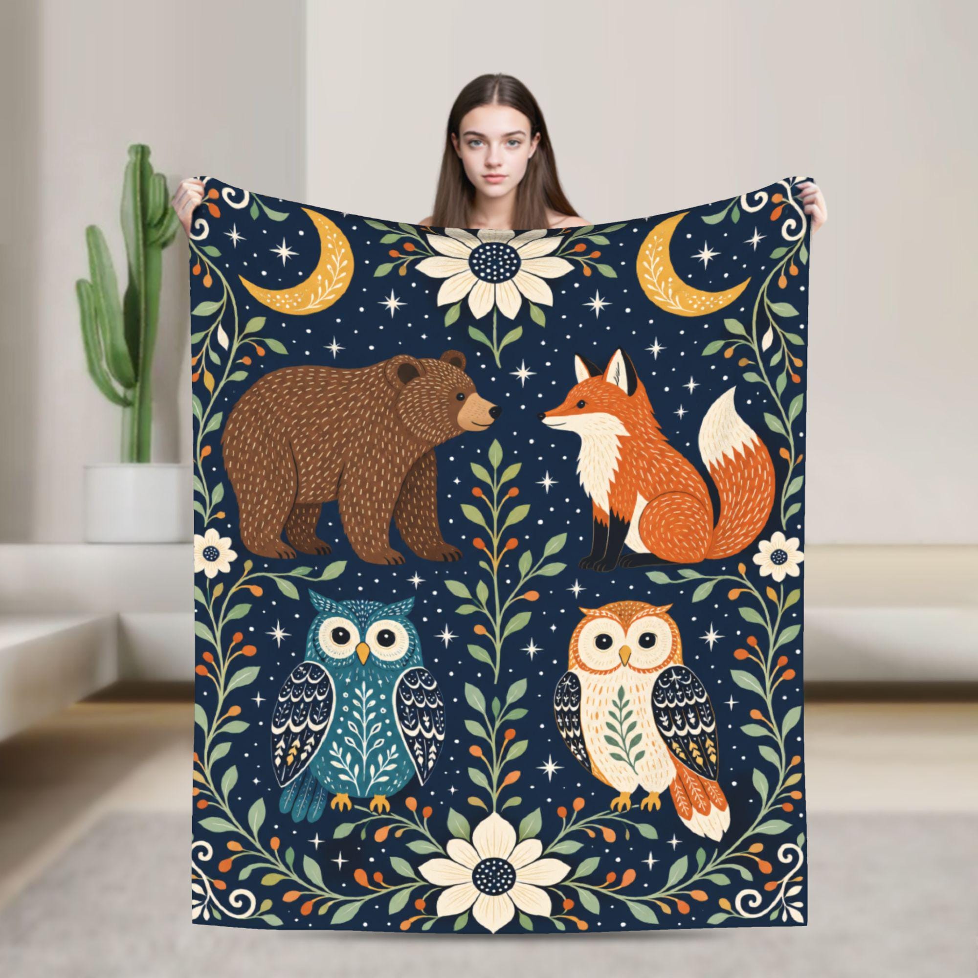 Celestial Forest Animals Fleece Blanket, Folk Art Owl Bear Fox Throw, Midnight Blue Cozy Gift Throw