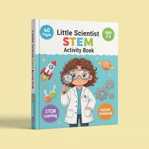 Könnte beinhalten: Ein Kinder-Aktivitätsbuch mit dem Titel "Little Scientist STEM Activity Book", mit einer Illustration eines Wissenschaftlers mit einer Lupe. Das Cover zeigt eine Rakete, Planeten und Zahnräder, mit 40 Seiten und für Kinder von 3-6 Jahren.